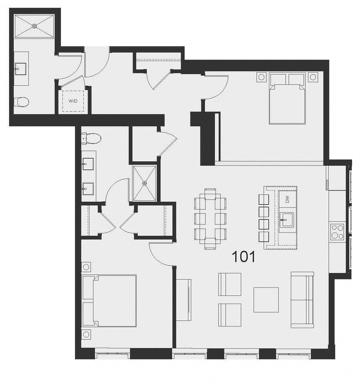 Floor plan for 2 beds, 2 baths, 1212 sqft